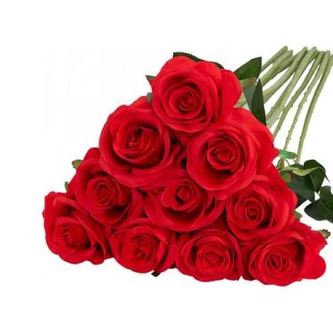 Imagem de FOTVEFLEIR 12 peças de rosas vermelhas falsas, buquê de rosas artificiais, flores de seda para decoração de casa, casamento, mesa de centro de mesa