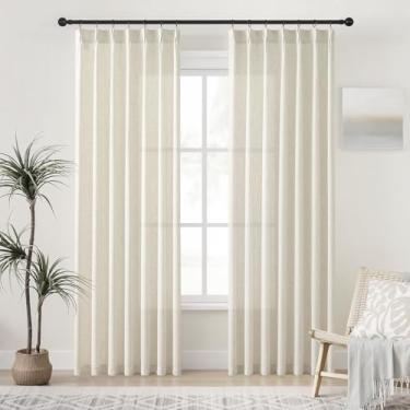 Imagem de PANGSINNE Cortina plissada de 203 cm - 2 painéis, cortinas de linho semitransparentes com ganchos para sala de estar, quarto, tratamento de janela boho texturizado natural para filtragem de luz, 102 x