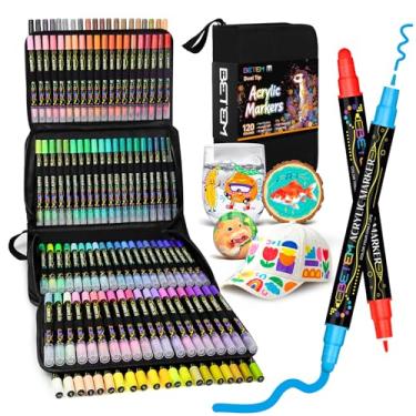 Imagem de Betem Canetas marcadoras de tinta acrílica, ponta dupla, 120 cores, canetas de tinta premium, marcadores de acrílico para madeira, tecido, tela, pedra, pintura rupestre, vidro, superfície cerâmica