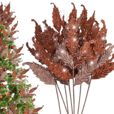 Imagem de HyDren 10 peças de folhas de glitter de Natal grandes ornamentos para palitos de árvore de Natal, sprays, galhos, ramos, florais, para decoração de guirlanda de árvore de Natal, decoração DIY (marrom)