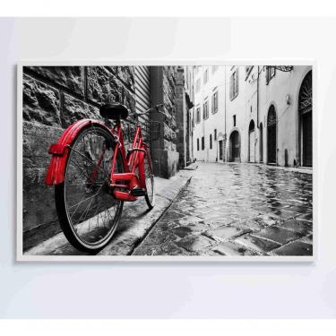 Imagem de Quadro Urbano Bicicleta Vermelha Em Rua De Pedra Medidas 90x60 Cm Impressão Vidro Acrílico