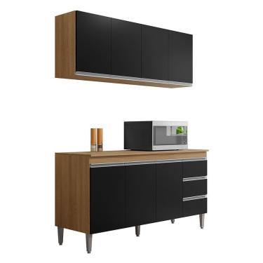 Imagem de Kit De Cozinha Andréia Balcão 150cm Amêndoa-preto Com Tampo Mdp E Aéreo - Ajl Móveis Amêndoa-preto