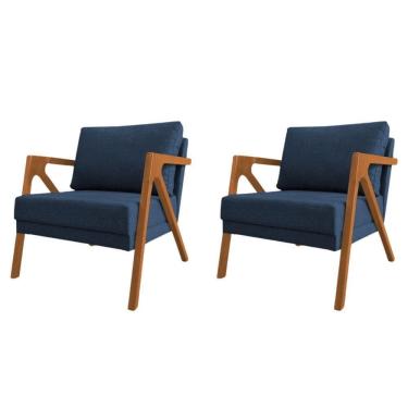 Imagem de Conjunto 2 Poltronas Sala De Estar Monique Madeira Cerejeira Azul Linho