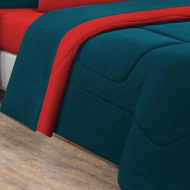 Imagem de Kit Edredom + Jogo De Lençol Malha 100% Algodão Gran Moratta 5 Peças Solteiro - Azul Petróleo-vermelho