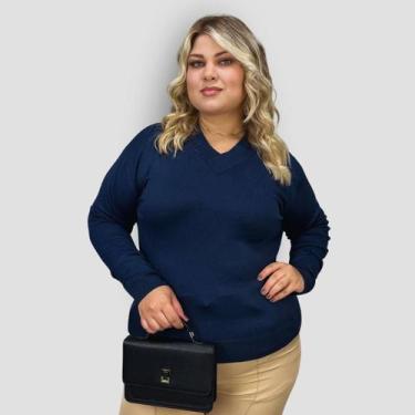 Imagem de Blusa Feminina Tricô Manga Longa Plus Gola V Lã Inverno - GIP, Marinho