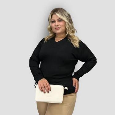 Imagem de Blusa Feminina Tricô Manga Longa Plus Gola V Lã Inverno - GIP, Preto, 