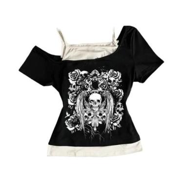 Imagem de Camiseta Feminina Retro Gótica Estampada Com Ombros Descidos, Moda De 