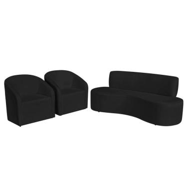 Imagem de Kit Sofá Curvo Amsterdã 160cm E 2 Poltronas Luiza Max Bouclé Preto