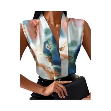 Imagem de Blusa sem mangas decote v feminino, top estampado, streetwear elegante
