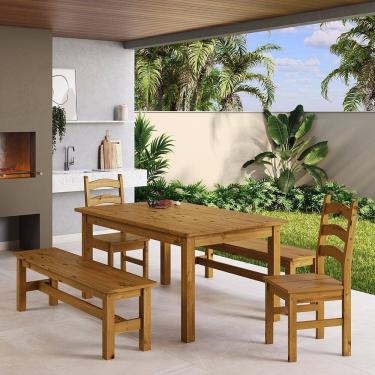 Imagem de Conjunto Mesa 160cm 2 Cadeiras e 2 Bancos Área Gourmet Madeira Maciça Ventimiglia Nogueira