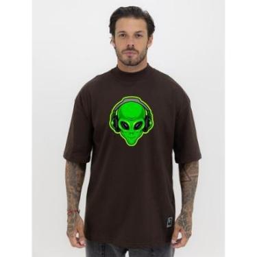 Imagem de Camiseta Camisa Oversized Gola Alta Estampa ET Green Streetwear Algodão Premium Marrom-Masculino