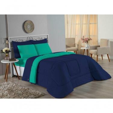 Imagem de Kit Edredom Dupla Face + Jogo De Lençol Solteiro Nobre 4 Peças Malha 100% Algodão - Azul-marinho / Jade