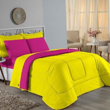 Imagem de Kit Edredom Dupla Face + Jogo De Lençol Casal Nobre 6 Peças Malha 100% Algodão - Amarelo / Pink