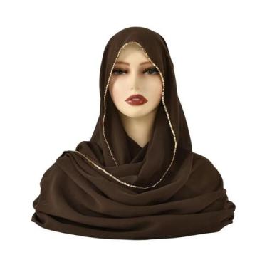 Imagem de Lenço Hijab De Chiffon Com Strass Para Mulheres, Xale Elástico Liso, F