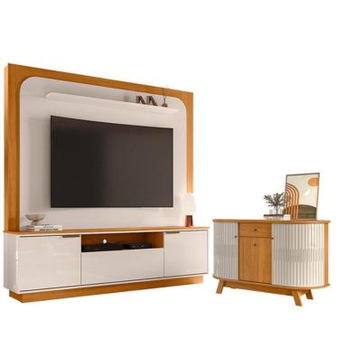 Imagem de Estante Home Theater Nilo Sem Pés Com Aparador Para Sala Buffet Monza Cinamomo Off Whit...
