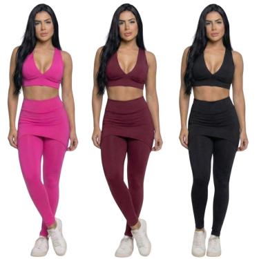 Imagem de KIT 3 Conjunto Top Bojo e Calça Saia Bella Fiore Tapa Bumbum Roupa Para Academia Fitnes...