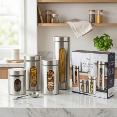 Imagem de Kit 4 Potes Herméticos Vidro Inox Premium Porta Mantimentos Café, Arro