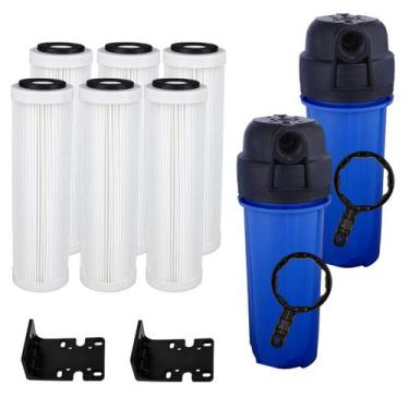 Imagem de Kit 2 Filtros Caixa D'Água POU 9 3/4 + 6 Refis Plissado Lavável 50 Mic