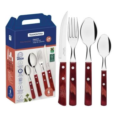 Imagem de Faqueiro Polywood 24 Peças Aço Inox e Madeira Tratada para Mesa Posta Vermelho Tramontina