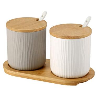 Imagem de OnePine Conjunto de 2 potes de cerâmica para condimentos de 300 ml com tampa de bambu e colher de cerâmica para casa e cozinha, altura de 10 cm, branco e cinza