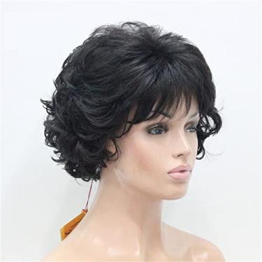 Imagem de Perucas femininas de cabelo sintético curto encaracolado castanho-escuro peruca feminina grossa para perucas de cabelo humano diário (cor: 2 preto natural, comprimento esticado: 20 cm)
