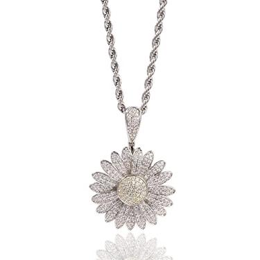 Imagem de Colar de pingente de margarida giratório banhado a ouro branco, joia da moda presente para unissex com diamante CZ completo (White,24''Rope)