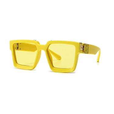 Imagem de Óculos de sol quadrados retrô feminino designer estilos de verão cores doces moda prata espelho tons masculinos uv400, amarelo amarelo, como a imagem