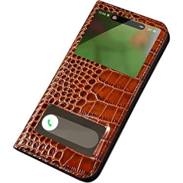 Imagem de CYSUE Capa de couro genuíno para iPhone 14 Pro, janela de visão clara de luxo suporte magnético flip estilo livro capa protetora para iPhone 14 Pro 6,1 polegadas (cor: marrom)