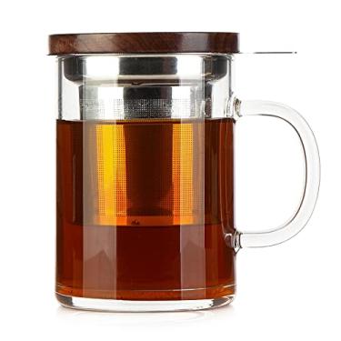Imagem de COMI Xícara de chá com tampa e alça de nogueira, xícaras de chá de vidro com boca larga, capacidade extra grande, caneca de infusor de chá de aço inoxidável para infusão de folhas soltas (400 ml)
