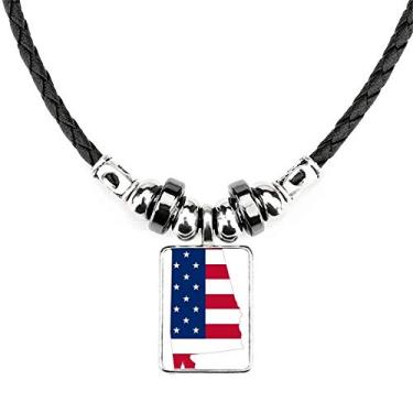 Imagem de DIYthinker Colar em forma de bandeira de listras com mapa dos Estados Unidos dos EUA joia com pingente de corda de couro torque
