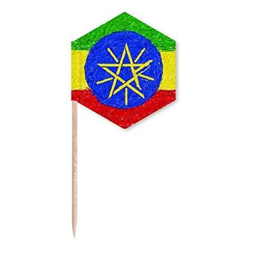 Imagem de Listras Bandeira da Etiópia com giz de cera, bandeiras de palito, palitos de cupcake, festa comemoração
