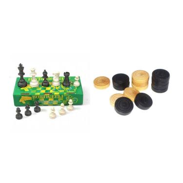 Imagem de Jogo Peças Xadrez Plastico Rei 9cm + Jogo Peça Damas Madeira