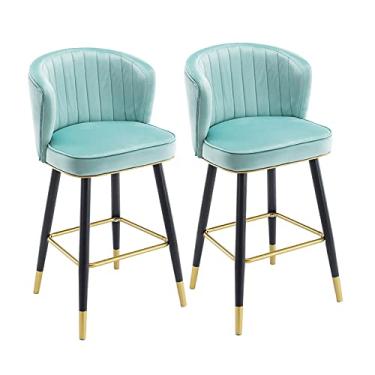Imagem de Cadeiras de jantar cadeiras de sala de jantar elegantes bancos de bar conjunto de 2, cadeiras de balcão de cozinha de veludo para café da manhã, cadeiras de bar bancos altos com pernas de metal e apoio para os pés para ilha de cozinha, altura do assento 55/65 cm