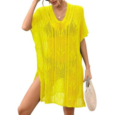 Imagem de Saída de praia feminina de malha solta biquíni crochê top pulôver praia maiô piscina lateral vestido dividido roupa, A - amarelo, One Size