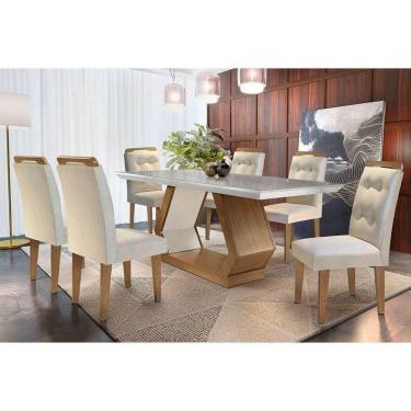 Imagem de Conjunto: Mesa Sala Jantar Alvorada c/ Tampo Madeirado c/ Vidro Canto Reto 180cm + 6 Cadeiras Imperatriz Imbuia/Creme - Rufato
