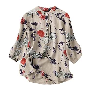 Imagem de Camiseta feminina verão gola mandarim botão manga 3/4 estampada túnica fina e leve blusas casuais Camisa Lençóis de algodão Estampado Pescoço feminina feminina Top flor floral L32-Cáqui X-Large