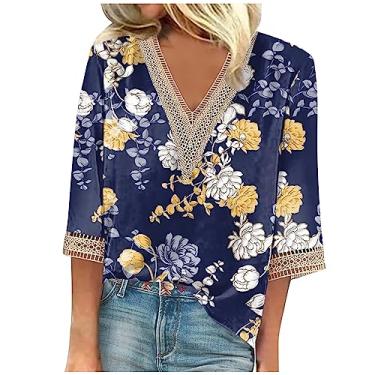 Imagem de Camisetas femininas de verão manga 3/4 com decote em V floral 2024, camisetas femininas casuais com acabamento em renda, blusas femininas elegantes e casuais, Azul-marinho 140, 3G