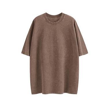 Imagem de Fkatuzi Camisetas masculinas lisas de algodão grandes para homens vintage streetwear camisetas básicas folgadas hip hop unissex tops camiseta lavagem ácida, Café A, 5G