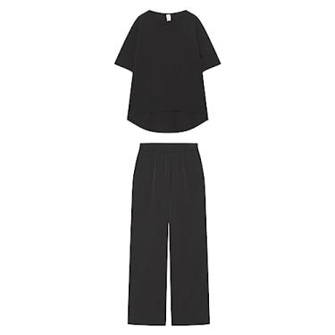 Imagem de Conjunto de 2 peças de linho para mulheres 2024 verão casual moda grande manga 3/4 top calça capri perna reta roupas, Preto, Small