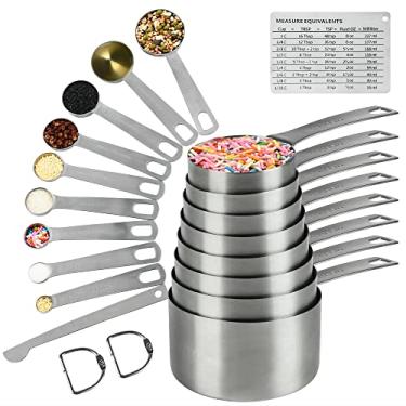 Imagem de Hotsyang Conjunto de copos e colheres medidores, 18/8 métrico e aço inoxidável dos EUA, 8 copos medidores e 9 colheres com 1 nivelador e 1 tabela de conversão de medidas para assar e cozinha