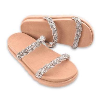 Imagem de Sandália Papete Rasteirinha Feminina Tiras Trançadas Com Brilho-Feminino
