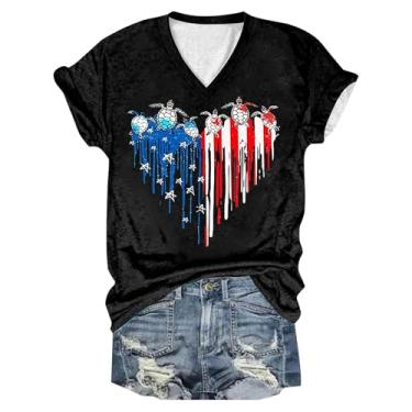 Imagem de Camiseta feminina 4th of July Bandeira Americana Estrelas Listras Camiseta Tartaruga Marinha Manga Curta Gola V Blusa Patriótica, Preto, GG