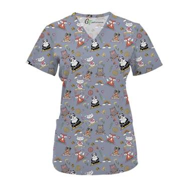 Imagem de Green Town Blusa feminina de uniforme hospitalar com gola V - blusa estampada, 3 bolsos, uniformes fáceis de cuidar, Ohmmmm, P