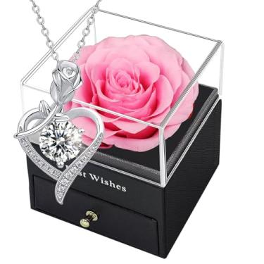 Imagem de Caixa de rosa preservada com colar - Rosa eterna artificial com pingente de coração S925 100 Love You, rosa encantada para presente de Dia das Mães, presente de rosa para ela no Natal, Dia dos