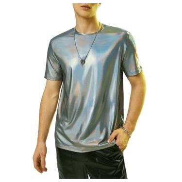 Imagem de OYOANGLE Camisetas masculinas metálicas brilhantes de manga curta e gola redonda, Prata, GG