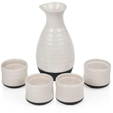 Imagem de True Conjunto de 5 peças de cerâmica para saquê quente e frio Fervor, uma jarra de saquê de 236 ml e quatro copos de saquê de 100 ml, branco