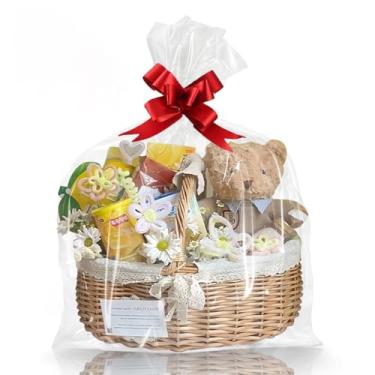 Imagem de WIKDAY Sacos de presente transparentes, 10 peças, 76 x 101 cm, envoltório de celofane extra grande para cestas de presente, plástico de embrulho com laços para presentear, produtos de embalagem