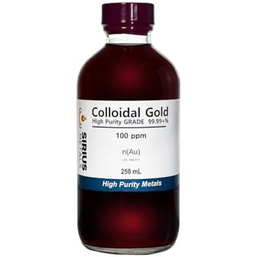 Imagem de Ouro coloidal verdadeiro (100 ppm) - 99,99+% de pureza - 250 mL (8,45 Fl Oz) em uma garrafa de vidro transparente