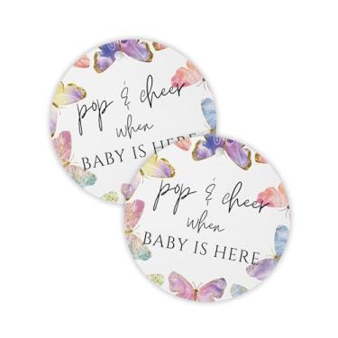Imagem de Pop and Cheer When Baby is Here Butterly Hang Tag | 30 unidades, círculo, arco-íris, cartões florais, adesivos modernos, minimalistas, champanhe, lembrancinhas de chá de bebê