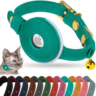 Imagem de OOPSDOGGY Coleira AirTag de couro refletivo para gatos com sino - Coleira ajustável para animais de estimação com suporte para Apple Air Tag - Coleiras leves com GPS para filhotes de cachorro pequenos